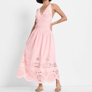 NWT Future Collective Light Pink Scalloped Eyelet Maxi A-Line Dress, Smocked
